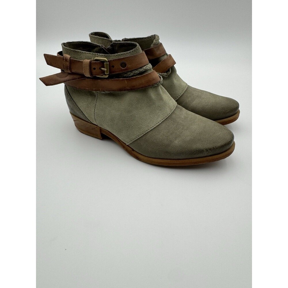 Miz Mooz Danita Women's Leather Belted Ankle Boots Olive Green Brown EU 37